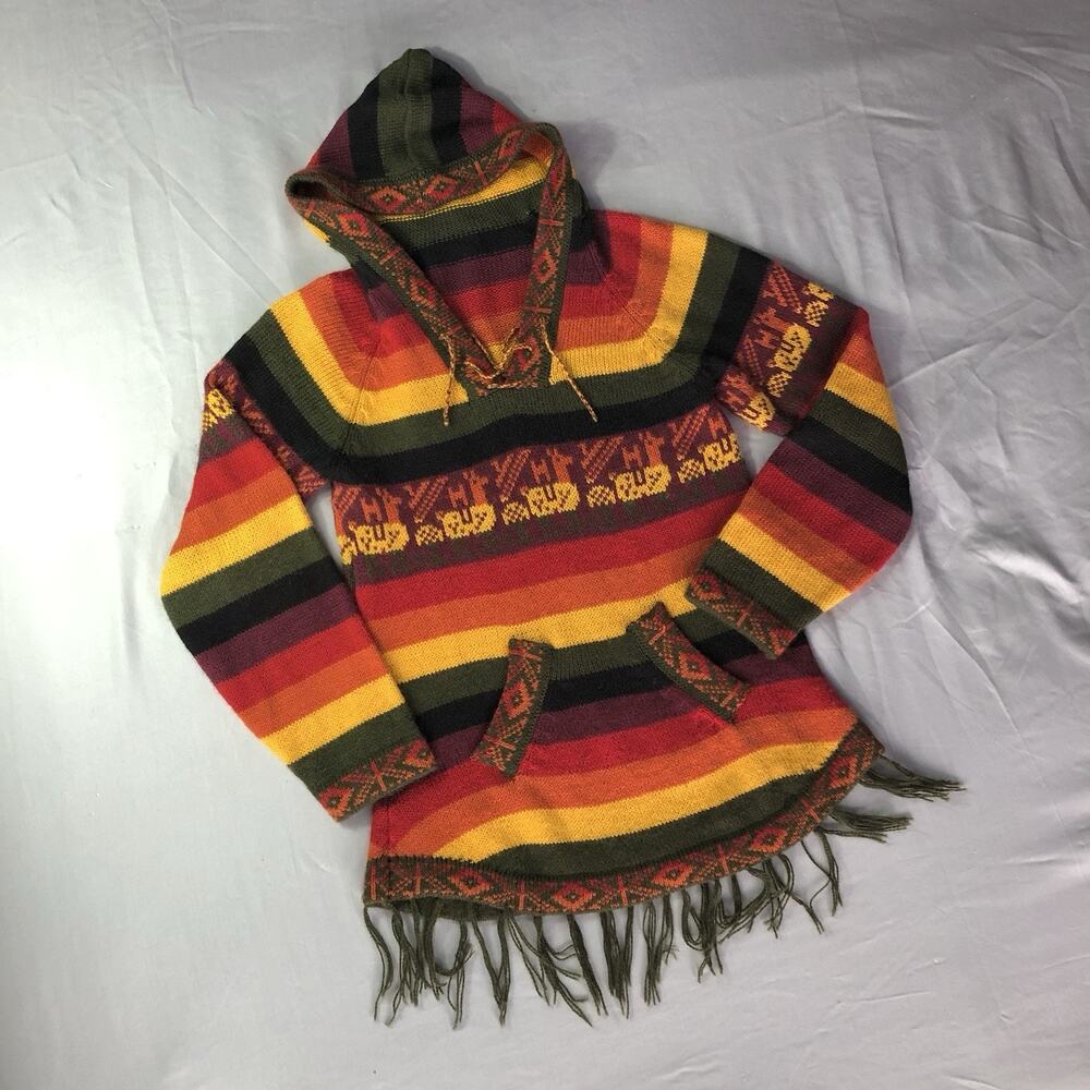 Alpaca Knit‎ Sweater Multicolored Striped Pullover Jacket Hoodie Adult Small